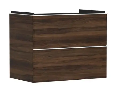 Hansgrohe Waschtischunterschrank in dunkler Holzoptik mit zwei Schubkästen, flache Fronten und integrierten Griffleisten.
